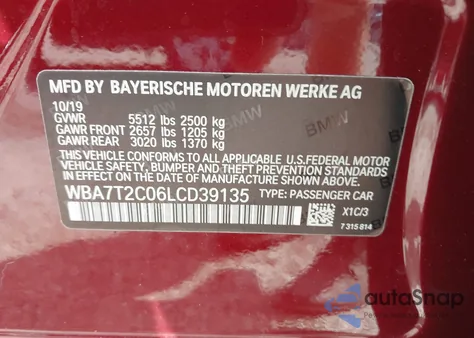 2020 BMW 740I from USA, damaged, VIN WBA7T2C06LCD39135
